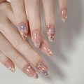 Detail of oval press-on nails with dried flowers, rhinestones and French line design - By1631 As Beautiful As A Flower / Glue Type