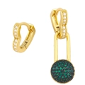 Detail view of asymmetric heart hoop earrings with green and black micro-pave charms - Green