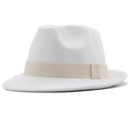 Detail shot of a white wool fedora hat with a premium cream grosgrain ribbon band - M (56-58cm) / White