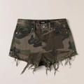 Detail of camouflage denim shorts featuring heavy distressing and long fringe hemline - XS / Land Camo
