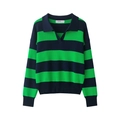 Women's knit polo sweater featuring green and navy blue horizontal stripes in size S - S / Green Blue