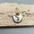 Detail of sunflower pendant with white mother of pearl inlay on natural rock base - Style B