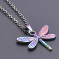 Minimalist rainbow dragonfly pendant necklace in polished iridescent stainless steel - Necklace / Rainbow
