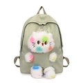 Zaino in nylon verde chiaro con una simpatica bambola di gatto in peluche e spallacci regolabili - Verde