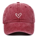 Vintage burgundy washed cotton baseball cap with white heart outline embroidery detail - Adjustable / Burgundy