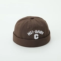 Detail view of brown cotton miki hat with HI-BABY towel embroidery for children - Letter C Style / Brown