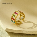 Macro view of 18K gold plated trapezoid ring with colorful enamel inlay and 0.93cm width - Rectangular Frame Colorful Stripes