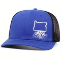 Blau-schwarze Trucker-Cap mit weißer Oregon-Stickerei und Wurzel-Design auf der Vorderseite - Blau-Schwarzes Patchwork (Oregon-Stickerei) / Blau