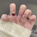 Sparkly burgundy French gradient press-on nails with gold foil, pearls and rhinestones - Dark Red Ombre Luxury Pearl (N5215)