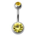 Surgical stainless steel belly ring featuring two sparkling faceted yellow crystals - Gold Yellow