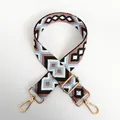 Detail showing colorful geometric diamond pattern canvas bag strap with gold metal hooks - Pattern No. 19