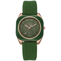 Detailed close-up of a green quartz watch featuring a rose gold case and small seconds dial - Green