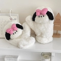 Guantes de peluche de perro blanco con orejas negras y lazo rosa para invierno - Blanco