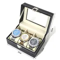 Black leather watch box with 3 slots, clear window, and white contrast stitching - 3-Slot Watch Box