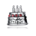 Silver birthday cake charm with three candles and pink gemstones for DIY bracelets - Birthday Cake