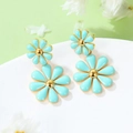 Pendientes de margarita en esmalte azul claro y acero inoxidable chapado en oro 18k - Pendientes Colgantes Doble Flor Azul