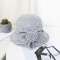 Light grey knitted wool bucket hat featuring a 3D floral accent and marled texture - M / Four-leaf Rose / Gray