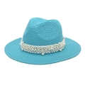 Detail of sky blue straw fedora hat featuring white ribbon and elegant pearl embellishments - M (56-58cm) / Lake Blue