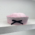 Pink sailor beret with white lace trim and black velvet bow decoration for women - M (56-58cm) / Pink With Lace Bow