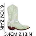 Detailed view of light green embroidered cowboy boot patch with size measurements in cm and inches - Style 22 (Light Green Bow Cowboy Boot)