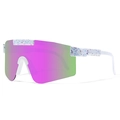 White splash-patterned sports sunglasses with purple iridescent lenses in a wrap-around style - White Frame Blue Purple Splatter (C20)