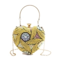 Green heart clutch bag with gold leaf embroidery and sequins, featuring chain strap - Yellow