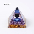 Orgone energy pyramid with crystal ball, tree of life, and purple quartz stones - Ball021