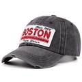 Macro detail of vintage washed grey BOSTON baseball cap with distressed brim and patch - Adjustable / Black