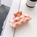 Pink and white checkerboard acetate hair claw clip with a glossy finish for hair styling - 7.5cm / Pink & Beige Checkerboard