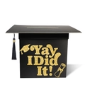Black graduation cap favor box featuring golden Yay I Did It glitter text on white background - Yay I Did It / Black