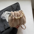 Light coffee plush bucket bag with elegant pearl handle and soft faux fur finish - Solid Khaki