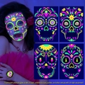 Neon sugar skull face tattoos glowing under UV blacklight for Halloween parties - FW001-004 UV Fluorescent Face Stickers Set