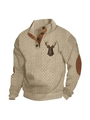 Men's khaki cable knit pullover sweater with deer embroidery and suede patches - S / Tops / Khaki (Deer Pattern 1)
