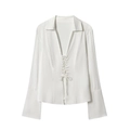 Elegant white satin blouse with deep V-neck, lace-up front, and chic flared long sleeves - S / White