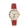 Close-up of a ladies quartz watch with red matte leather strap and rose gold case - Red