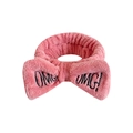 Soft pink plush bow headband with black OMG embroidery for washing and face care - Watermelon red