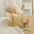 Straw sun hat and matching crossbody bag set with woven flowers for girls and kids - S (Kids 52cm) / Hat + Bag Set / Beige