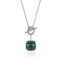 Silver S925 necklace with square malachite pendant and toggle clasp on white background - 925 Silver / Platinum Necklace