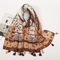 Ethnic cotton linen scarf with leaf print and brown tassels in earthy neutral tones - 180*90CM / Earth Tone Leaf Pattern (XB913-03)