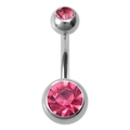 Surgical stainless steel belly button ring with double faceted pink crystals - Pink