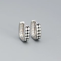 S925 silver checkered hoop earrings with black and white enamel finish for women - White Gold