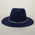 Detail of navy wool fedora hat featuring a chunky silver metal curb chain decoration - M (56-58cm) / Navy Blue