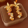 Macro detail of vintage gold flower earrings with amber crystal tassels on brown suede - Gold Champagne (S925 Silver Pin)