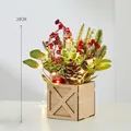 Mini lighted Christmas tree in a wooden box with pine cones and red berries 28cm - Small Wood Box Red Tree with Light (B23002-2)