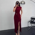 Sleeveless wine red maxi dress with waist pleats, gold buckle detail and high slit - Burgundy (Red)