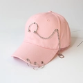 Pink cotton baseball cap with punk silver metal chains and hoop rings accessories - S Kids (48CM-52CM) / Ring Number 5 / Pink