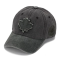 Detailed macro of a dark charcoal washed cotton baseball cap with maple leaf embroidery - Charcoal Grey (#1)