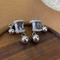 Silver drop earrings featuring a rectangular zircon stone and dual metallic beads - Square Round Bead (35# Silver Pin-Silver Square Round Bead)