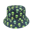 Reversible bucket hat with neon green skull print on dark navy fabric for outdoor sun protection - One Size / Dark Blue Fluorescent Green Skull (Style 2)