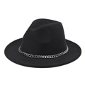 Detail view of a black wool fedora hat featuring a chunky silver metal chain around the crown - Dark Gray Hat Silver Chain